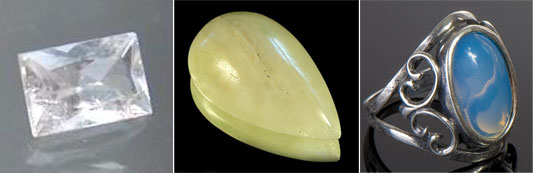 Альбит. Драгоценный камень. Ограненный прозрачный альбит, желтый альбит и кольцо с альбитом-беломоритом