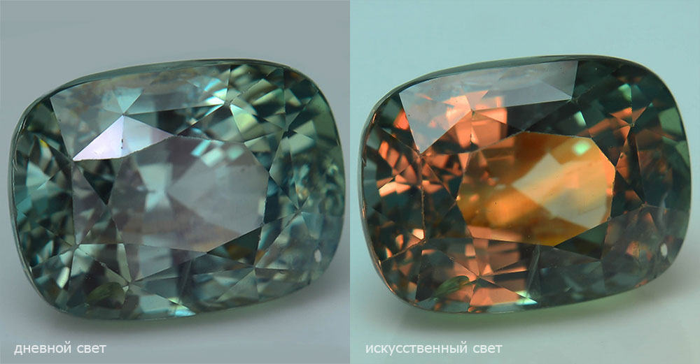 Alexandrite. Gemstone. In daylight and artificial light