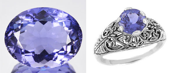 Iolite. Gemstone. Ring with iolite and zircons