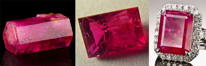 Красный берилл (Биксбит). Редкий драгоценный камень. Кристалл красного берилла, ограненный камень и кольцо с красным бериллом