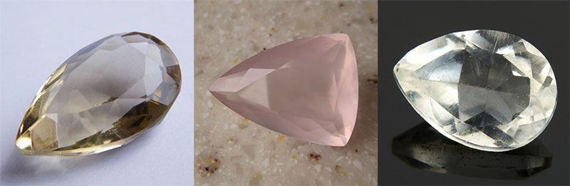 Quartz. Gemstone. Smoky quartz, rose quartz, colorless quartz