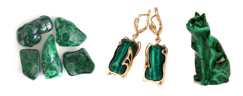 Malachite. Gemstone. Earrings with malachite, figurine made of malachite