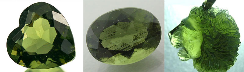 Moldavite. Rare gem. Faceted moldavite, carved moldavite