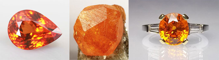 Spessartine. Gemstone. Faceted stone, rough crystal, spessartine ring
