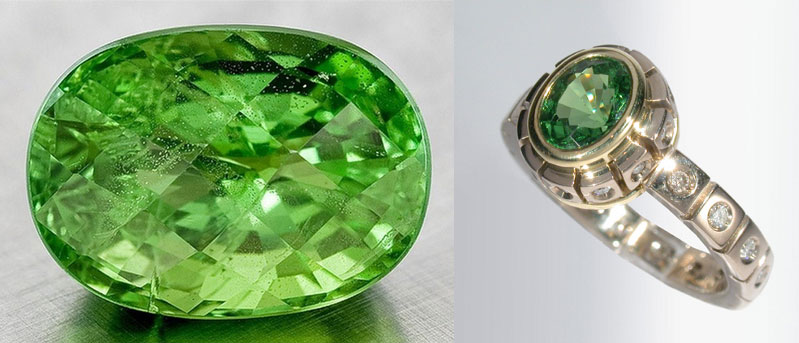 Tsavorite. Gemstone. Tsavorite and diamond ring